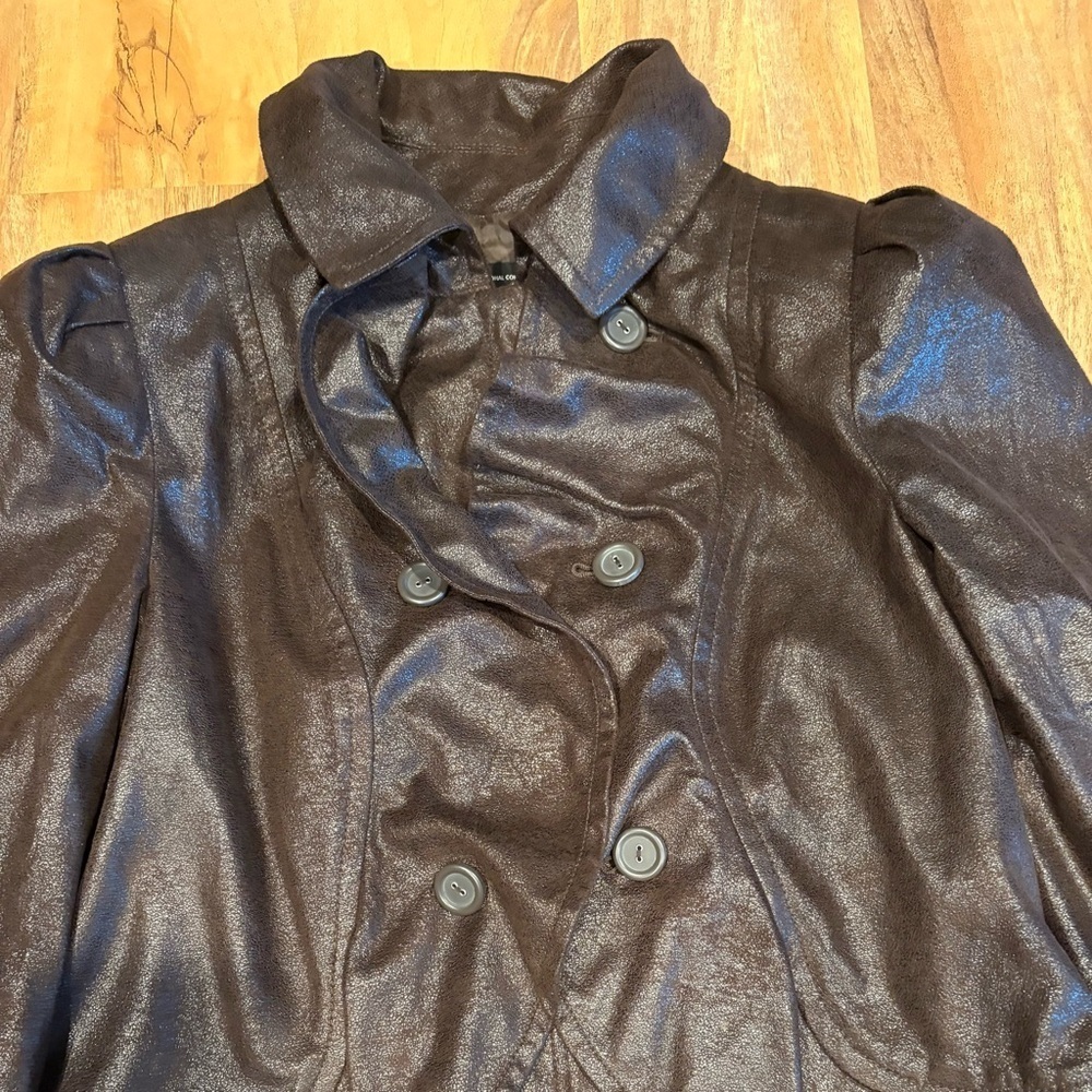 INC Women's Faux Leather Jacket L Ruffled Front Brown Short Coat Size Large - Picture 6 of 8